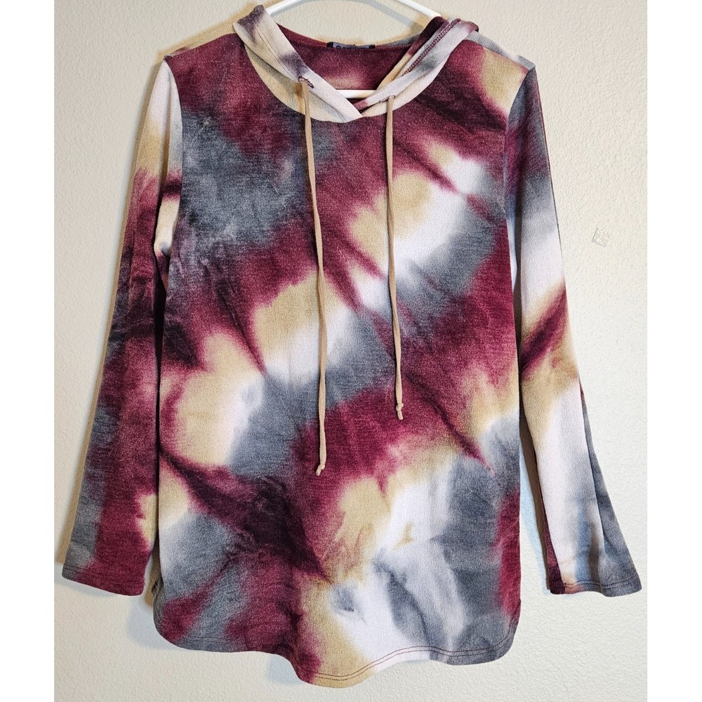 BOMBOM Women's Midweight Hoodie LARGE Tie Dye Maroon Gray Cream Made in USA